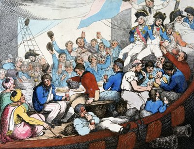 Napoleonin sodat, Egyptin sotaretki (1798-1801): Amiraali Horatio Nelson (1758-1805) juhlii joukkojensa kanssa loistavaa voittoaan Niilin taistelussa (Aboukirin taistelu) (elokuu 1798), veneessään tekijältä Thomas Rowlandson