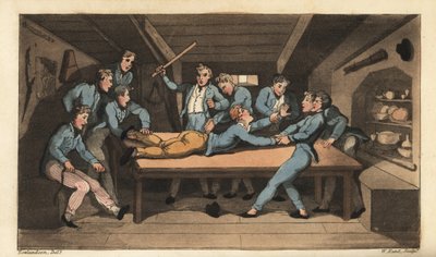 Merivoimien rangaistus aterian pilaamisesta. Johnny lyötiin kepillä sotapöydän päälle suolan lisäämiseksi vanukkaan. W. Readin käsinvärinen kuparilevykaiverrus Thomas Rowlandsonin kuvituksen jälkeen Alfred Burtonin teoksesta The tekijältä Thomas Rowlandson