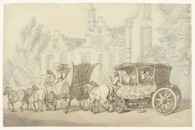 Avoin retkiauto ja vaunu lähes hollantilaisella kadulla tekijältä Thomas Rowlandson