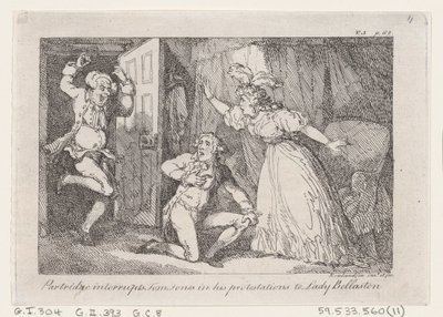 Partridge keskeyttää Tom Jonesin protesteissaan Lady Bellastonille, The History o..., 1792. tekijältä Thomas Rowlandson
