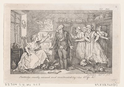 Partridgea julmasti vaimonsa syytti ja pahoinpiteli elokuvasta The History of Tom Jones, a Fo..., 1792. tekijältä Thomas Rowlandson