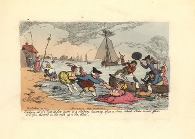 Matkustajat liukastumassa ja putoamassa joen mutaan. tekijältä Thomas Rowlandson