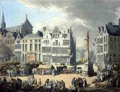 Place de Mier Antwerpenissä, kaiverrus Wright ja Schutz, pubi. Kirjailija: Rudolph Ackermann tekijältä Thomas Rowlandson