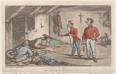 Köyhä Johnny sairaslistalla, elokuvasta The Military Adventures of Johnny Newcome, 1815, 1815. tekijältä Thomas Rowlandson