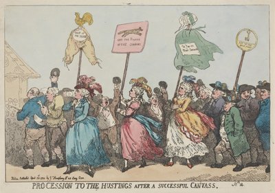 Kiertueen onnistumisen jälkeen järjestetty kulkue vaalipuhujalavalle tekijältä Thomas Rowlandson