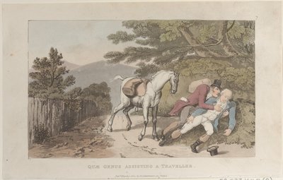 Quae-suku matkustajaa avustamassa, julkaisusta The History of Johnny Quae Genus, The Litt..., 1. maaliskuuta 1822. tekijältä Thomas Rowlandson