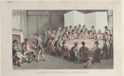 Quae-suku toimimassa pelitalossa, julkaisusta The History of Johnny Quae Gen..., 1. marraskuuta 1821. tekijältä Thomas Rowlandson
