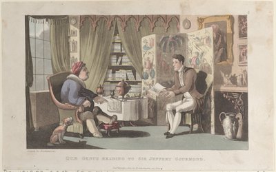 Quae-suku lukee Sir Jeffery Gourmandille julkaisusta The History of Johnny Quae Genu..., 1. maaliskuuta 1822. tekijältä Thomas Rowlandson