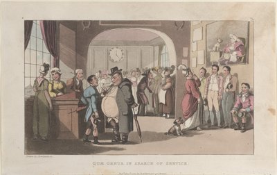 Quae-suku palvelua etsimässä, julkaisusta The History of Johnny Quae Genus, The Lit..., 1. elokuuta 1821. tekijältä Thomas Rowlandson