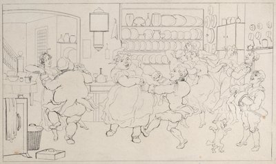 Quae-suku keittiön urheilussa, julkaisusta The History of Johnny Quoe Genus: the Littl..., 1822. tekijältä Thomas Rowlandson