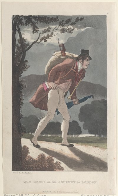 Quae-suku matkallaan Lontooseen, julkaisusta The History of Johnny Quae Genus, The ..., 1. maaliskuuta 1822. tekijältä Thomas Rowlandson