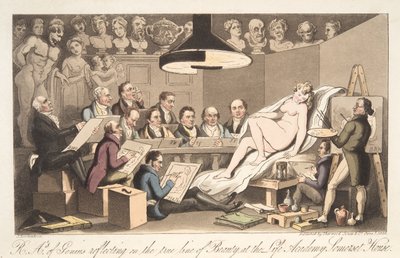 Geniusin R---A---ys pohtii kauneuden todellista linjaa Life Academyssa, Somerset Housessa, The English Spy -pubista. 1824 (käsinvärinen kaiverrus) tekijältä Thomas Rowlandson