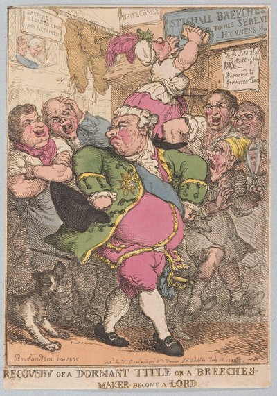Lepotilan tittelin tai housujen valmistajan takaisin saamisesta tulee Lordi, pubi. 1805 (käsinvärinen kaiverrus) tekijältä Thomas Rowlandson