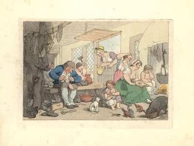 Regency-suutari korjaa kenkiä tungosta huoneessa. tekijältä Thomas Rowlandson