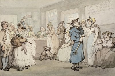 Rekisteröintitoimisto palvelijoiden palkkaamiseksi, n. 1805 (kynä ja muste vesivärillä paperilla) tekijältä Thomas Rowlandson