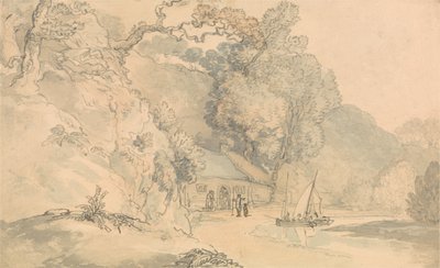Jokimaisema, jossa on pieniä veneitä tekijältä Thomas Rowlandson