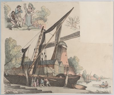 Jokikohtaus tuulimyllyllä levyltä 9, Figuurien ääriviivat, maisemat ja C..., 20. tammikuuta 1791. tekijältä Thomas Rowlandson