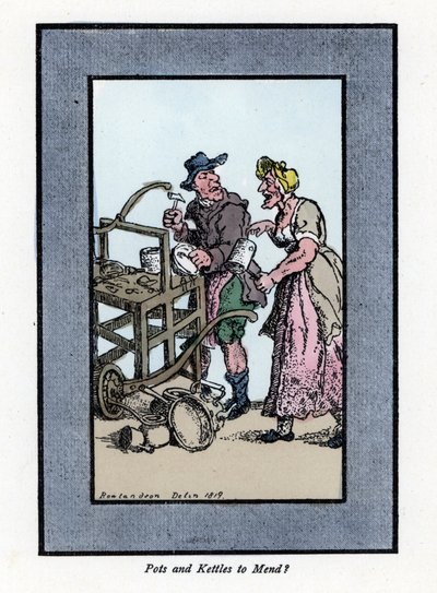 Roaming ja asiakasuudelleentamerointi, joka näyttää potin pohjan. Hän lyö metalliruukkua vasaralla kannettavalla penkillä. Puukaiverrus, joka perustuu Thomas Rowlandsonin (1756-1827) maalaukseen, julkaistu Lontoon kriisissä: kuusi viehättävää lasta ja lähe tekijältä Thomas Rowlandson