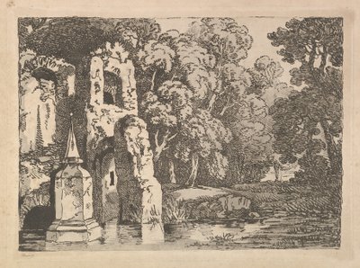 Rauniot altaan vieressä metsäisessä maisemassa, 1783-84. tekijältä Thomas Rowlandson