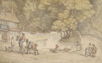 Maalaismaisema, jossa on joki ja silta tekijältä Thomas Rowlandson
