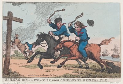 Merimiehet ratsastamassa Shieldsistä Newcastleen 1. marraskuuta 1804, 1. marraskuuta 1804. tekijältä Thomas Rowlandson