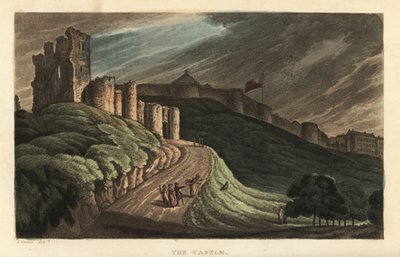 Scarborough Castle: turistit kävelemässä mäkeä ylös 1100-luvun kivilinnaan. Thomas Rowlandsonin käsinvärinen kuparikaiverrus J. Greenin luonnoksen jälkeen teoksesta Poetical Sketches of Scarborough, Ackermann, Lontoo tekijältä Thomas Rowlandson