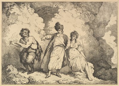 Kohtaus Myrskystä: Caliban, Prospero ja Miranda, [1783-87] julkaistu uudelleen 1801. tekijältä Thomas Rowlandson