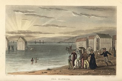 Merellä uiminen: alastomia naisia uimassa meressä ja uimamoottorien ajamista veteen. Käsinvärinen kuparikaiverrus Thomas Rowlandson, akvatinta J.C. Stadler, J. Greenin luonnoksen perusteella teoksesta Poetical Sketches of Scarborough, Ackermann, L tekijältä Thomas Rowlandson