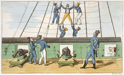 Takilassa takavarikoitu levy John Mitfordin (1782-1831) teoksesta The Adventures of Johnny Newcome in the Navy, kaiverrettu W. Read, 1818 tekijältä Thomas Rowlandson