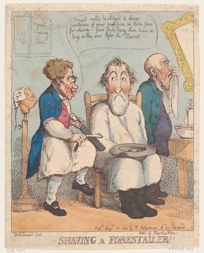Forestallerin parranajo, 15. elokuuta 1800, 15. elokuuta 1800. tekijältä Thomas Rowlandson