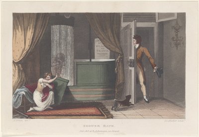 Suihkukylpy, teoksesta Poetical Sketches of Scarborough, 1813, 1813. tekijältä Thomas Rowlandson