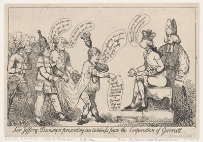 Sir Jeffery Dunstan lukee Garrattin kaupunginvaltuuston tervehdyksen tekijältä Thomas Rowlandson