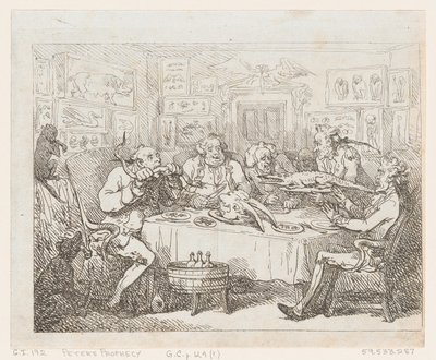 Sir Joseph Banks aikeissa syödä alligaattoria "The Fish Supper", 1788 tai myöhemmin, 1788 tai myöhemmin. tekijältä Thomas Rowlandson