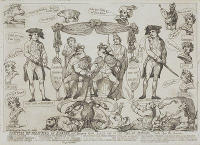 Katsaus Euroopan politiikkaan, 24. tammikuuta 1786 – Preussin kuninkaan syntymäpäivä tekijältä Thomas Rowlandson