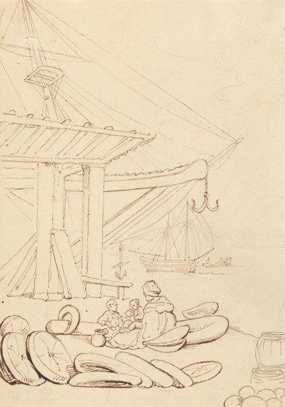 Piirros naisesta ja lapsista, jotka istuvat lastauslaiturilla tekijältä Thomas Rowlandson
