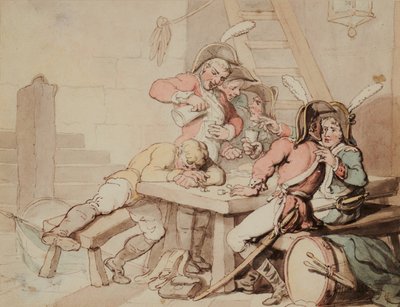 Sotilaat kiertelevät kellarissa tekijältä Thomas Rowlandson