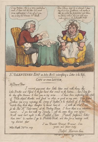 Pyhän ystävänpäivä tai John Bull sieppaamassa kirjeen vaimolleen, helmikuuta ..., 23. helmikuuta 1809. tekijältä Thomas Rowlandson