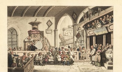 Sunnuntai jumalanpalvelus maalaiskirkossa, Regency Era tekijältä Thomas Rowlandson