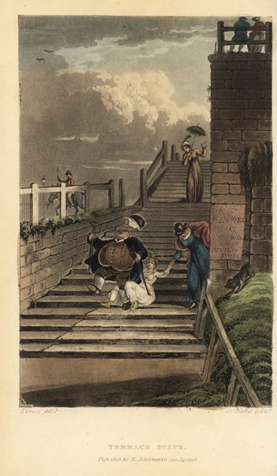 Terrace Steps: turistit laskeutuvat Cliff Terracen portaita pitkin. Käsinvärinen kuparikaiverrus Thomas Rowlandson, akvatinta J.C. Stadler, J. Greenin luonnoksen perusteella teoksesta Poetical Sketches of Scarborough, Ackermann, Lontoo tekijältä Thomas Rowlandson