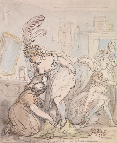 Näyttelijöiden pukuhuone Drury Lanessa tekijältä Thomas Rowlandson