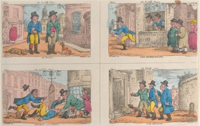 Ulosottomiehen metsästys: Vika, Toinen pako, Tupla ja kyykky ja Takavariko, 1809, 1809. tekijältä Thomas Rowlandson