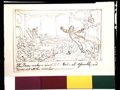 Paroni pitää puheen kansalliskokoukselle ja ajaa kaikki jäsenet pois (kynä ja muste ja akvarelli paperille) tekijältä Thomas Rowlandson
