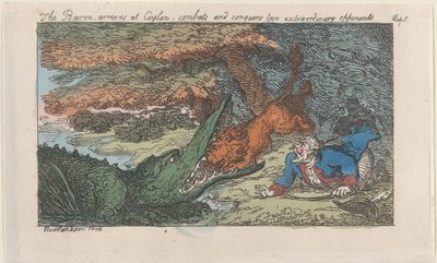 Paroni saapuu Ceyloniin, taistelee ja valloittaa kaksi poikkeuksellista vastustajaa..., [1809], julkaistu uudelleen 1811. tekijältä Thomas Rowlandson