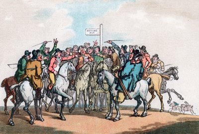 Vedonlyöntipostaus, Ketujen metsästyksen huumoria, 1799. tekijältä Thomas Rowlandson