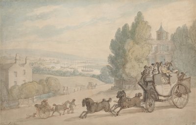 Canterbury–Dover-linja-auto ohittaa Vanbrughin linnan tekijältä Thomas Rowlandson