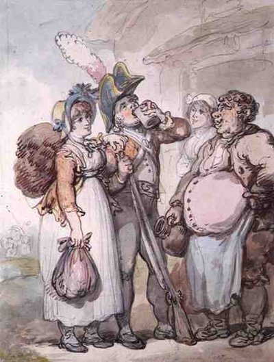 "Punaisen takin hurmaa" (kynä, akvarelli ja kynä paperille) tekijältä Thomas Rowlandson