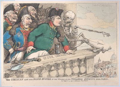 Korsikalainen ja hänen verikoiransa Thuilleriesin ikkunassa katselemassa P...:n yli, 16. huhtikuuta 1815. tekijältä Thomas Rowlandson