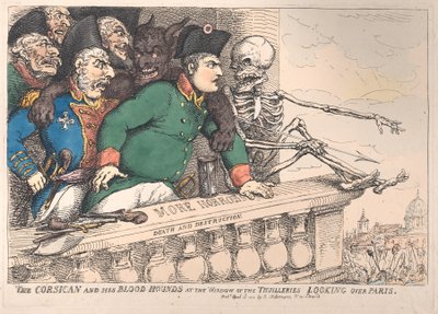 Korsikalainen ja hänen verikoiransa Thuillerien ikkunassa katselemassa P...:n yli, 16. huhtikuuta 1815. tekijältä Thomas Rowlandson