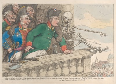 Korsikalainen ja hänen verikoiransa Thuillerien ikkunassa katselemassa P...:n yli, 16. huhtikuuta 1815. tekijältä Thomas Rowlandson