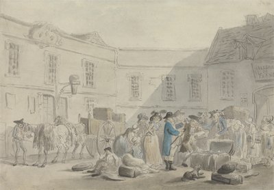Boulognen tullitalo - versio: Grafiittiluonnos hevosista, vaunuista ja rakennuksista (kynä ja muste ja w/c paperille) tekijältä Thomas Rowlandson